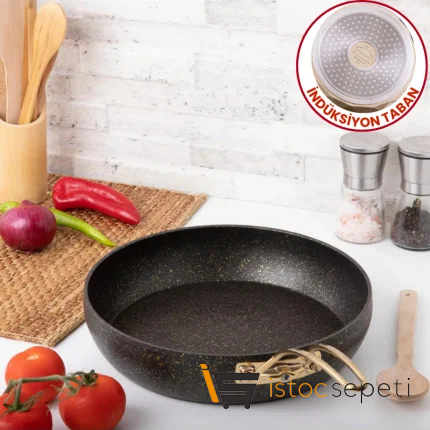 26 Cm Gold Stone İndüksiyon Tabanlı Güveç Tava (Gold Çelik Kulp)