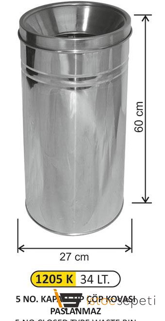 Arı Metal 1205 K Kapalı Tip Çöp Kovası Paslanmaz 34 Litre