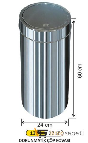 Arı Metal 1324 Dokunmatik Çöp Kovası Paslanmaz 27 Litre İtme Kapak 24*60 Cm