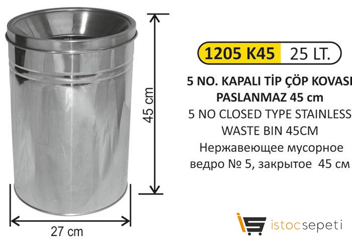 Arı Metal 1205 K 45 Kapalı Tip Çöp Kovası Paslanmaz 25 Litre
