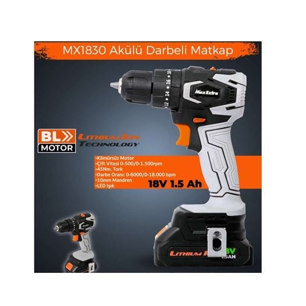 Max Extra MX1830 Darbeli Akülü Matkap 18 Volt-1,5Amper Kömürsüz