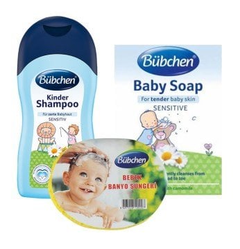Bübchen 200 ml. bebek şampuanı sabun ve sünger 3 lü set