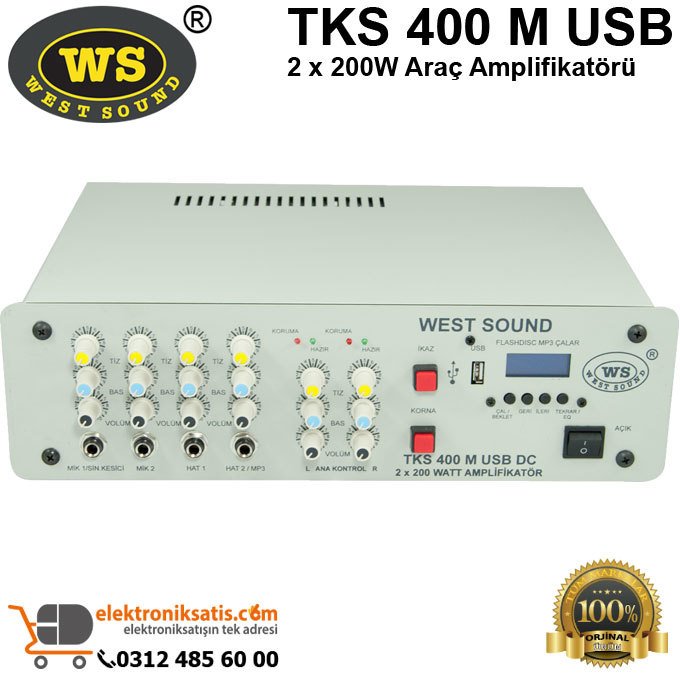 West Sound TKS 400 M USB 2 x 200W Araç Amplifikatörü