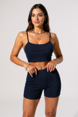 Kadın Lacivert Şortlu Kaşkorse Gecelik Takım – Modern, Konforlu ve Günlük Kombinlere Uygun