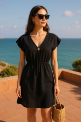 Kadın Siyah Yanları Yırtmaçlı Tokalı V Yaka Mini Plaj Elbisesi – Şık, Rahat ve 4 Mevsim Kullanıma Uygun