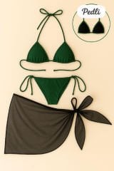 Kadın Yeşil Siyah Pareolu Yandan ve Boyundan Bağlamalı 3'lü Bikini Takımı – Modern, Konforlu ve Günlük Kombinlere Uygun