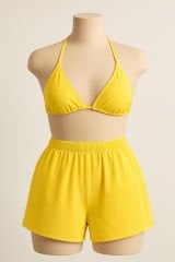 Kadın Sarı Şortlu Belden ve Boyundan Bağlamalı Bikini Takımı – Modern, Konforlu ve Günlük Kombinlere Uygun