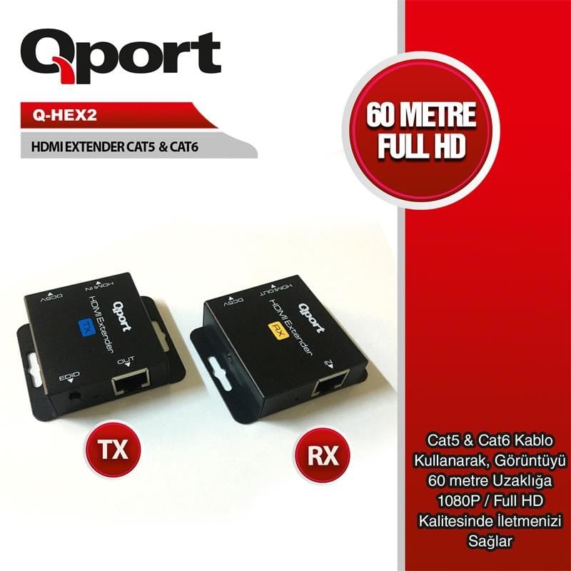 Qport QHex2 Hdmı Extender Cat6 60M 2 Li̇ Paket (Adaptör Dahi̇l)