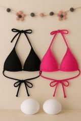 Kadın Siyah ve Fuşya Minimal Kesim Üçgen Bikini Üstü – Modern ve Şık Tasarım