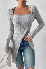 Kadın Gri Düğme Detaylı Kare Yaka Fitilli Asimetrik Etekli Uzun Kollu Bluz