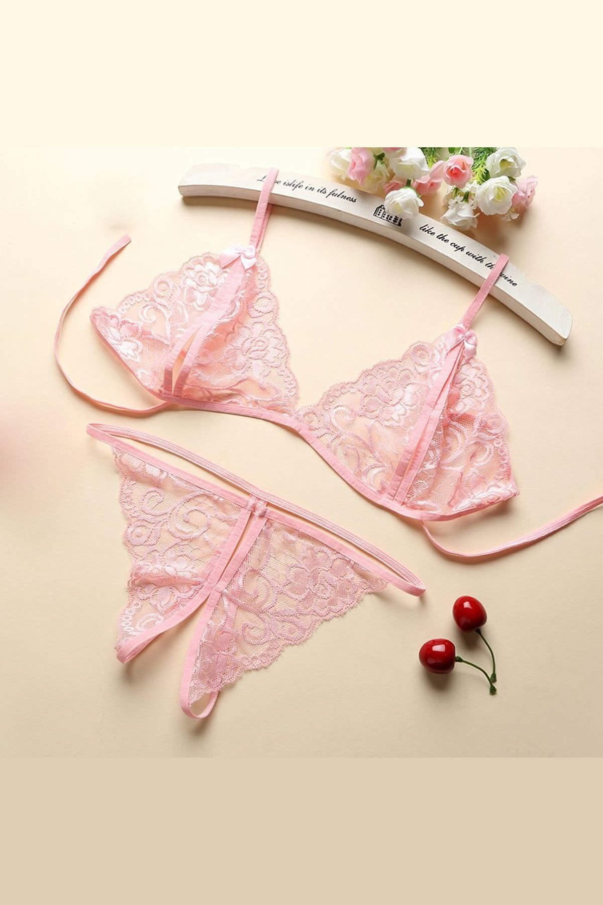 Kadın Pembe Dantelli Sütyen Külot  Takımı