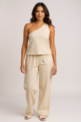 Kadın Beyaz Tek Omuzlu Şık Bluz & Geniş Paça Pantolon İkili Takım