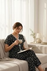 Kadın Siyah Beyaz Kalp Desenli Fiyonklu Kısa Kollu Pijama Takımı – Rahat, Şık ve 4 Mevsim Kullanım