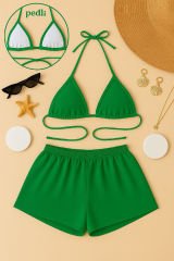 Kadın Yeşil Şortlu Belden ve Boyundan Bağlamalı Bikini Takımı – Modern, Konforlu ve Günlük Kombinlere Uygun