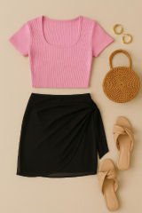 Kadın Pembe Yarım Kol Crop ve Siyah Pareo 2'li Set – Modern ve Şık Tasarım