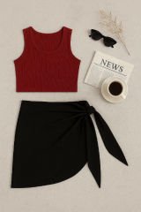 Kadın Bordo Yuvarlak Yaka Crop ve Siyah Pareo 2'li Set – Modern ve Şık Tasarım