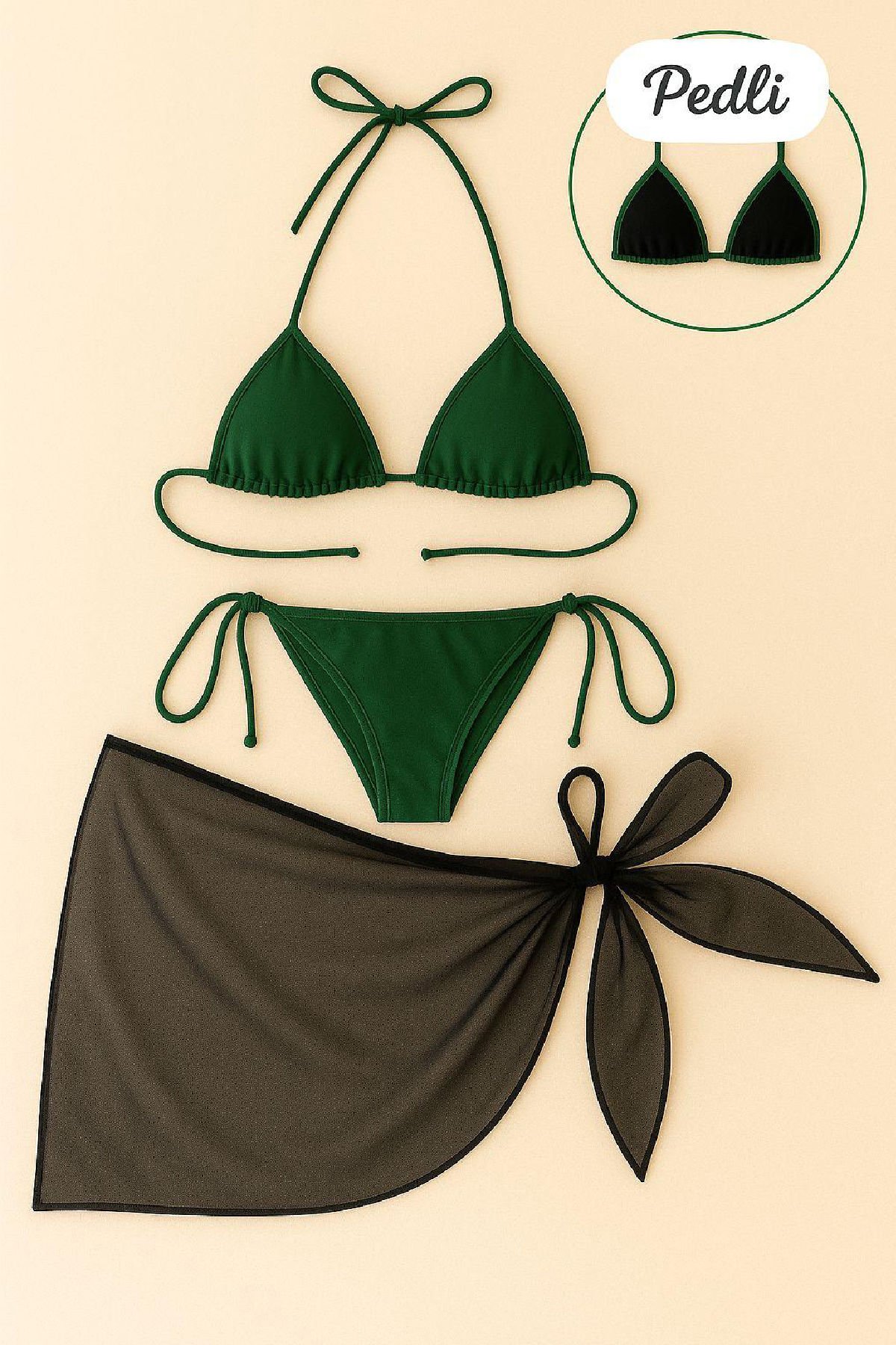 Kadın Yeşil Siyah Pareolu Yandan ve Boyundan Bağlamalı 3'lü Bikini Takımı – Modern, Konforlu ve Günlük Kombinlere Uygun