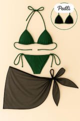 Kadın Yeşil Siyah Pareolu Yandan ve Boyundan Bağlamalı 3'lü Bikini Takımı – Modern, Konforlu ve Günlük Kombinlere Uygun