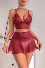 Kadın Bordo Dantel ve Tül Detaylı Etekli Şık Gecelik Takımı – Modern, Konforlu