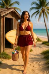 Kadın Bordo Şortlu Belden ve Boyundan Bağlamalı Bikini Takımı – Modern, Konforlu ve Günlük Kombinlere Uygun