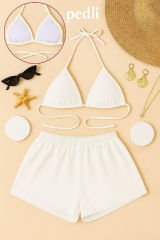 Kadın Beyaz Şortlu Belden ve Boyundan Bağlamalı Bikini Takımı – Modern, Konforlu ve Günlük Kombinlere Uygun