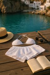 Kadın Beyaz Şortlu Belden ve Boyundan Bağlamalı Bikini Takımı – Modern, Konforlu ve Günlük Kombinlere Uygun