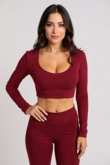 Kadın Bordo Uzun Kol Kare Yaka Crop Top Bluz