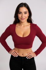 Kadın Bordo Uzun Kol Kare Yaka Crop Top Bluz
