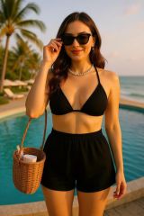 Kadın Siyah Şortlu Belden ve Boyundan Bağlamalı Bikini Takımı – Modern, Konforlu ve Günlük Kombinlere Uygun