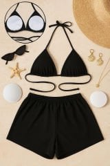 Kadın Siyah Şortlu Belden ve Boyundan Bağlamalı Bikini Takımı – Modern, Konforlu ve Günlük Kombinlere Uygun