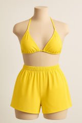 Kadın Sarı Şortlu Belden ve Boyundan Bağlamalı Bikini Takımı – Modern, Konforlu ve Günlük Kombinlere Uygun