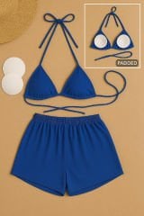 Kadın Mavi Şortlu Belden ve Boyundan Bağlamalı Bikini Takımı – Modern, Konforlu ve Günlük Kombinlere Uygun