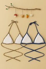 Kadın Leopar Desenli ve Mavi Minimal Kesim Üçgen Bikini Üstü – Modern ve Şık Tasarım