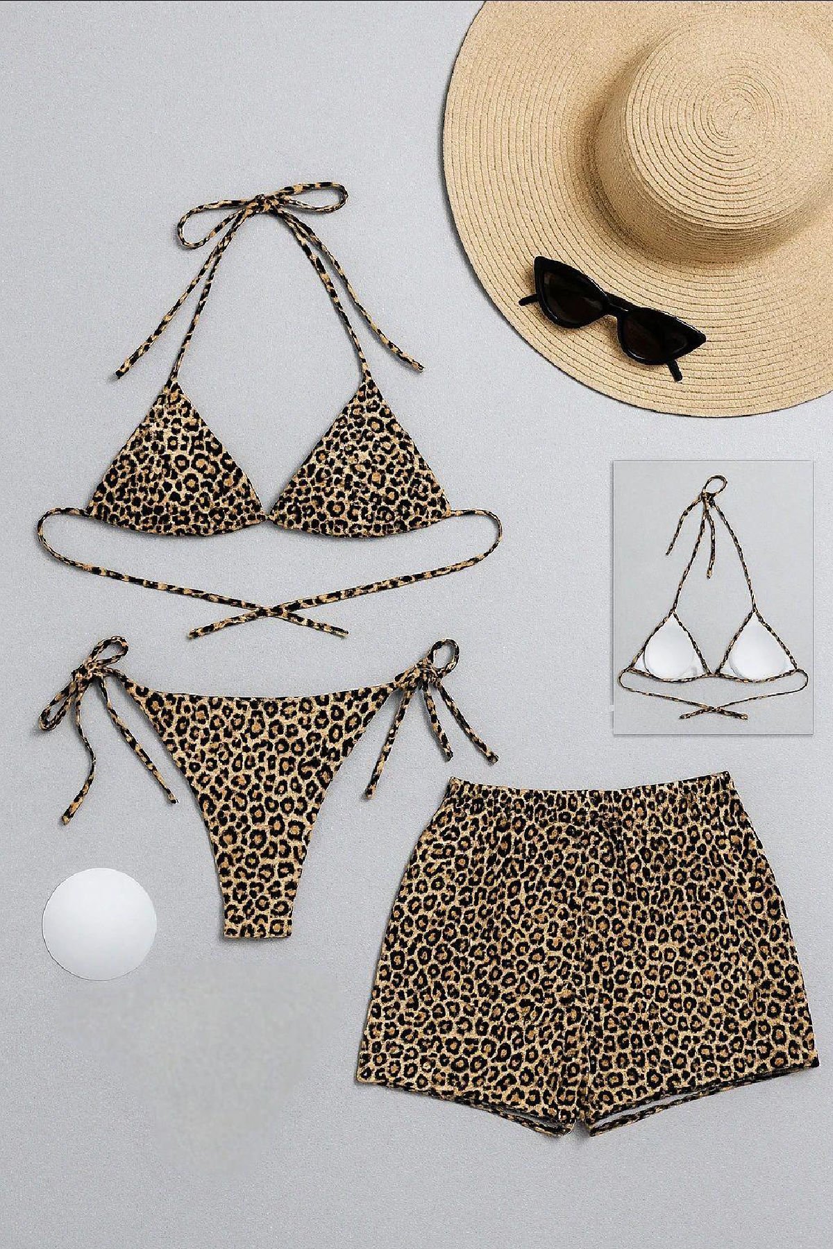 Kadın 3'lü Set Leopar Desenli Şortlu ve Yandan Bağlamalı Bikini Mayo Takımı – Modern, Konforlu ve Günlük Kombinlere Uygun