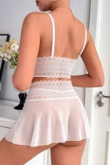 Kadın Beyaz Dantel Tül Detaylı Etekli Şık Gecelik Takımı – Modern, Konforlu