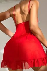 Kadın Kırmızı Dantelli, Fırfırlı Tül ve Fiyonk Detaylı Tangalı Gecelik Takımı – Modern, Konforlu