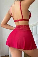 Kadın Kırmızı Göğsü ve Beli Dantel Detaylı Etekli Takım – Modern, Konforlu