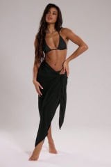 Kadın Siyah Bodrum Stili Bağlama Detaylı 150x75 Pareo – Modern ve Şık Tasarım