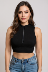 Kadın Siyah Yarım Fermuarlı Sıfır Kol Crop Top Bluz – Şık, Rahat ve Kolay Kombinlenebilir
