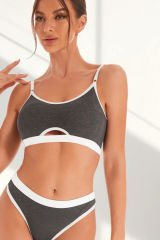 Kadın Gri Antrasit Kaşkorse ve Beyaz Lastikli Cut-Out Tanga Külotlu Takım – Modern, Konforlu