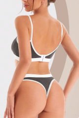 Kadın Gri Antrasit Kaşkorse ve Beyaz Lastikli Cut-Out Tanga Külotlu Takım – Modern, Konforlu