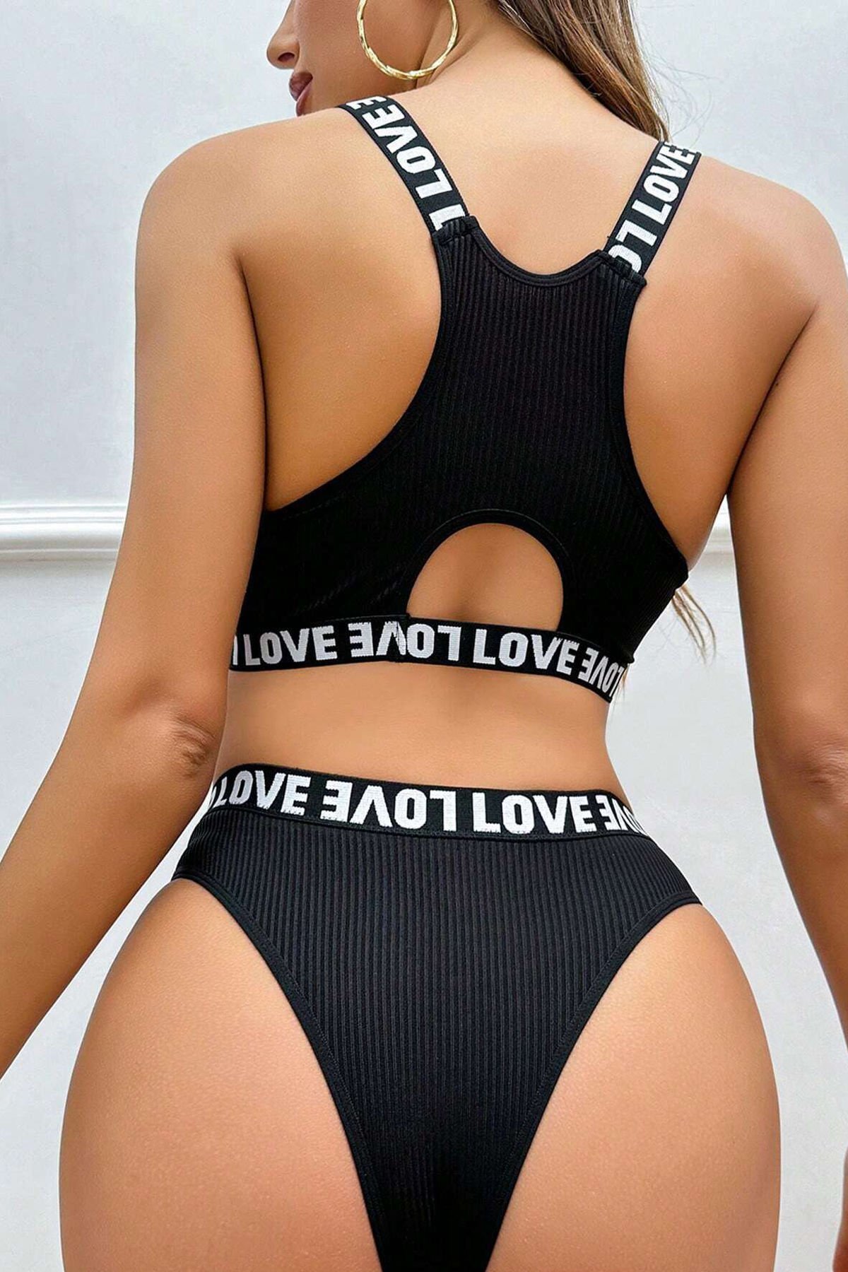 Kadın Siyah Çapraz Sırt ve Love Lastik Detaylı Sütyen Külot Takım