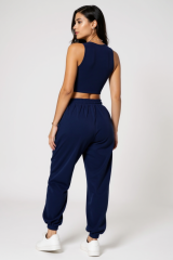 Kadın Lacivert Kaşkorse Cepli Jogger Eşofman Altı ve Crop Top Bluz – Şık, Rahat ve Kolay Kombinlenebilir