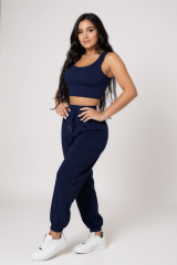 Kadın Lacivert Kaşkorse Cepli Jogger Eşofman Altı ve Crop Top Bluz – Şık, Rahat ve Kolay Kombinlenebilir