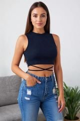 Kadın Lacivert Çapraz Bağlamalı Crop Top Büstiyer – Modern ve Şık Tasarım