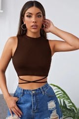 Kadın Kahverengi Çapraz Bağlamalı Crop Top Büstiyer – Modern ve Şık Tasarım