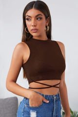Kadın Kahverengi Çapraz Bağlamalı Crop Top Büstiyer – Modern ve Şık Tasarım