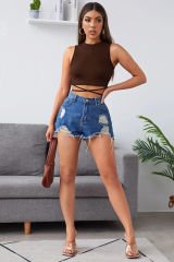 Kadın Kahverengi Çapraz Bağlamalı Crop Top Büstiyer – Modern ve Şık Tasarım