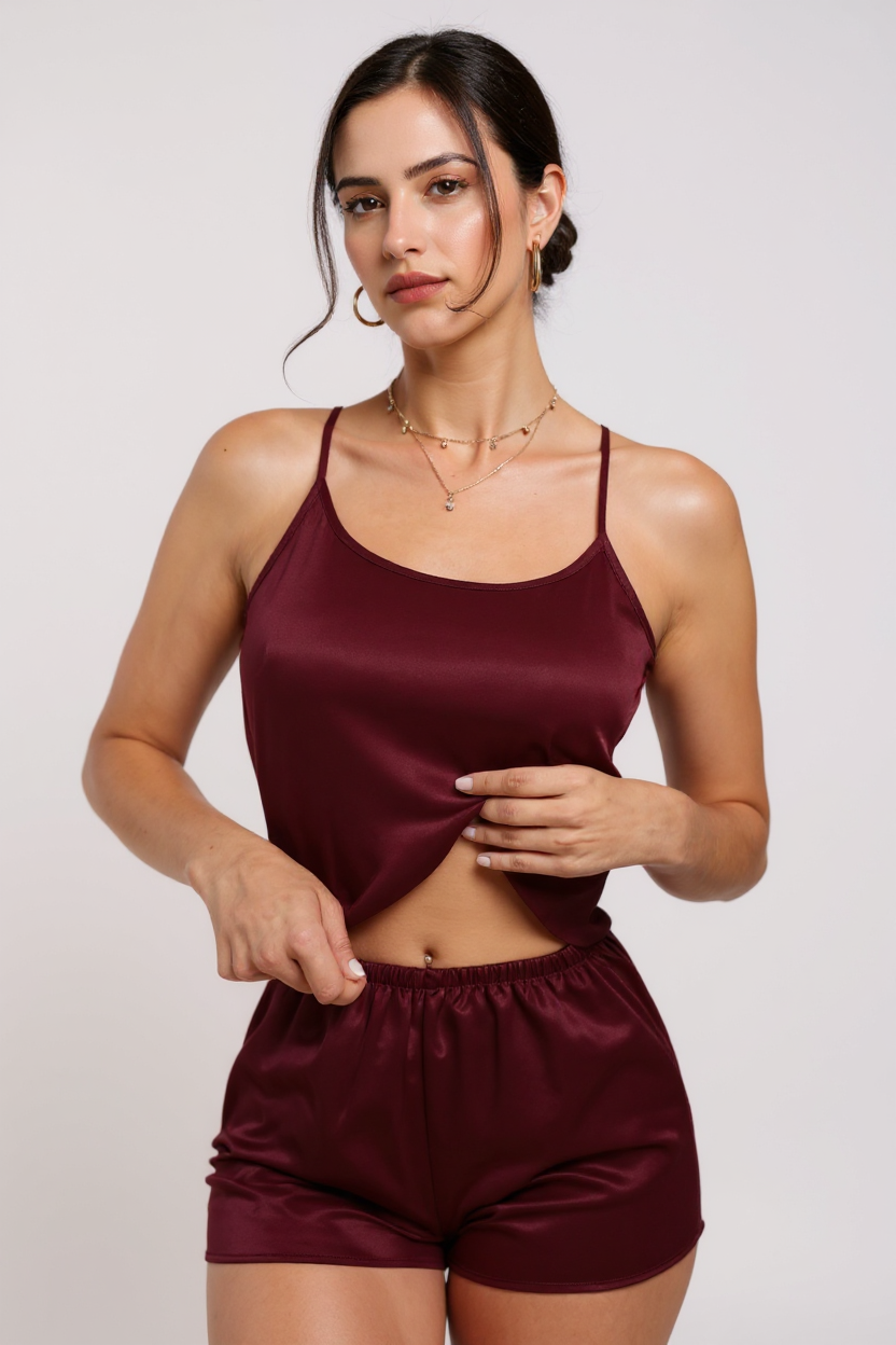Kadın Bordo Asimetrik Sırt Dekolte Detaylı Şık Şortlu Gecelik Takım – Modern, Konforlu ve Günlük Kombinlere Uygun