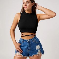 Kadın Siyah Çapraz Bağlamalı Crop Top Büstiyer – Modern ve Şık Tasarım